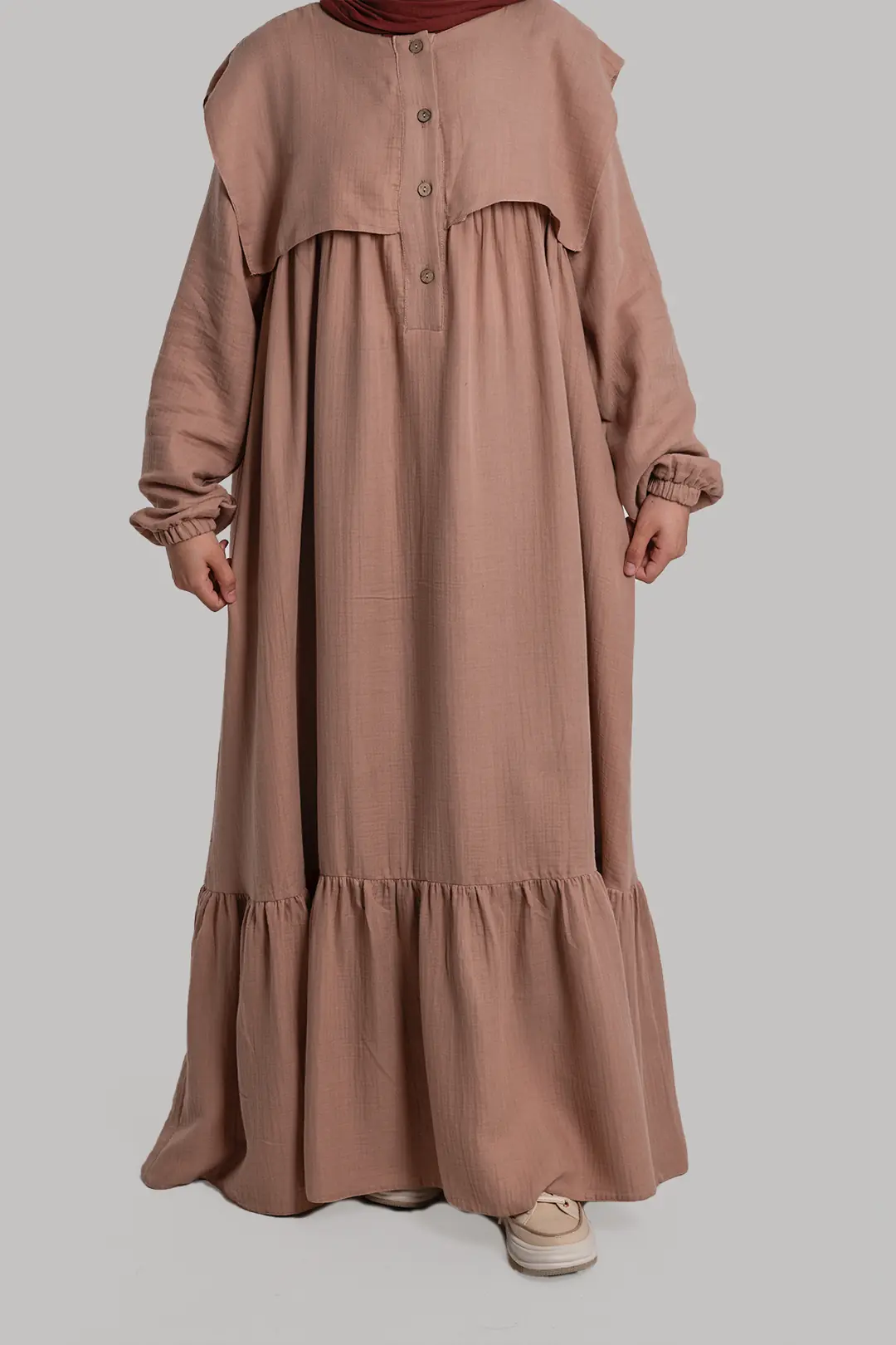 Yakalı Müslin Elbise Pudra 3