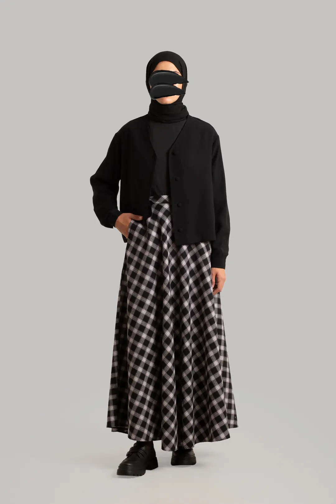 Plaid Pattern Cotton Flared Skirt Black