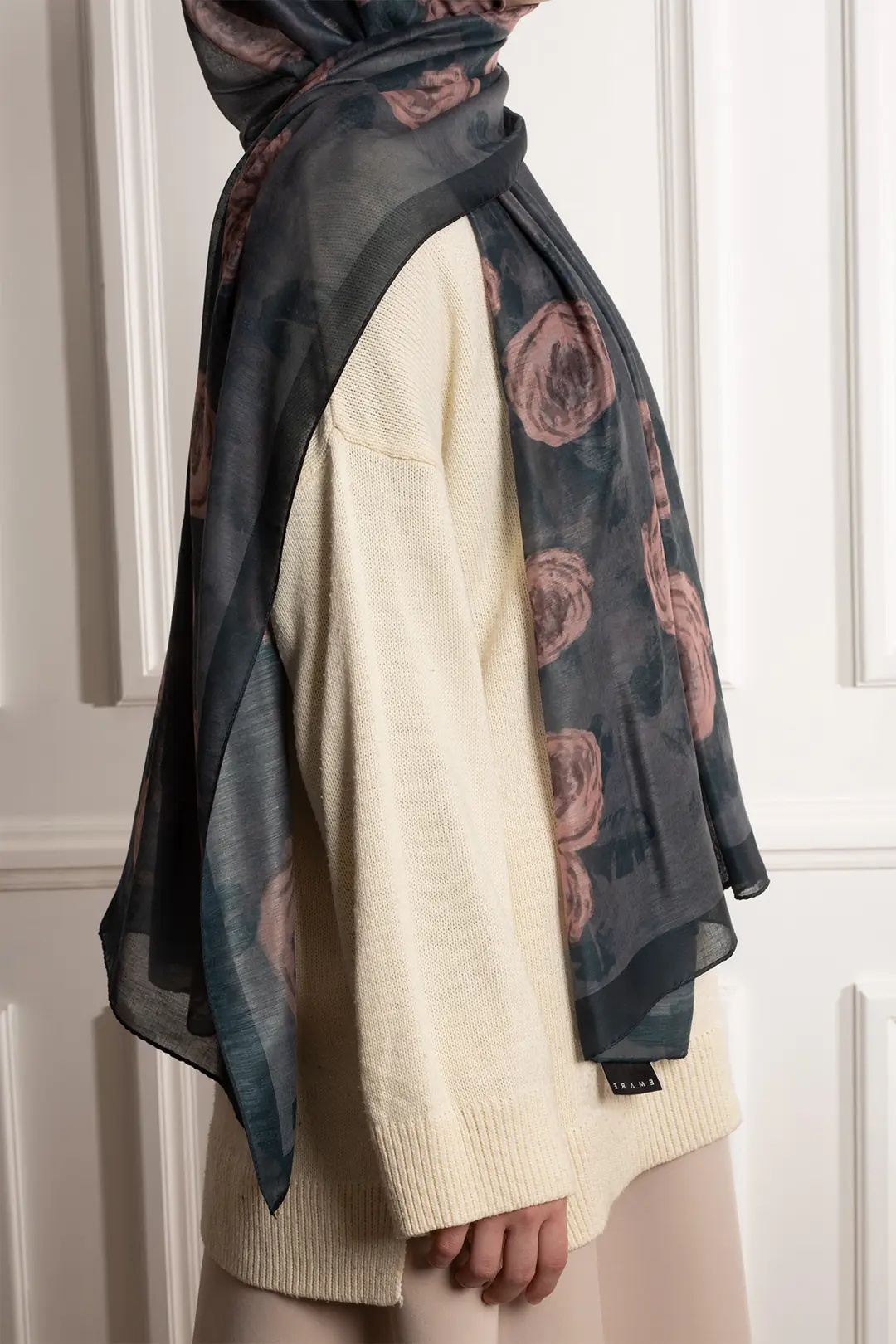 Antique Rose Patterned Cotton Scarf, Navy Blue 6