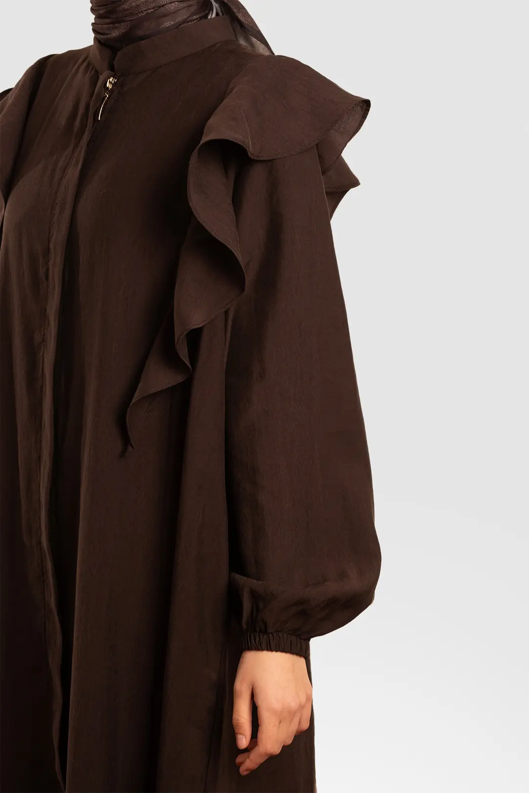 Tencel Abaya with Zipper and Ruffles, Dark Brown 7