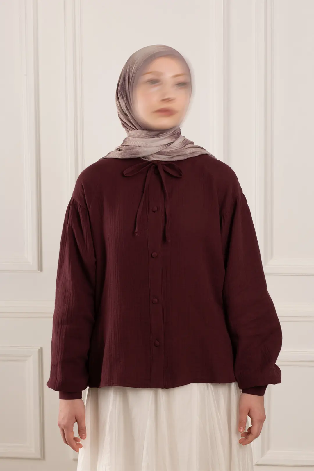 Pile Detaylı Müslin Gömlek Bordo 10
