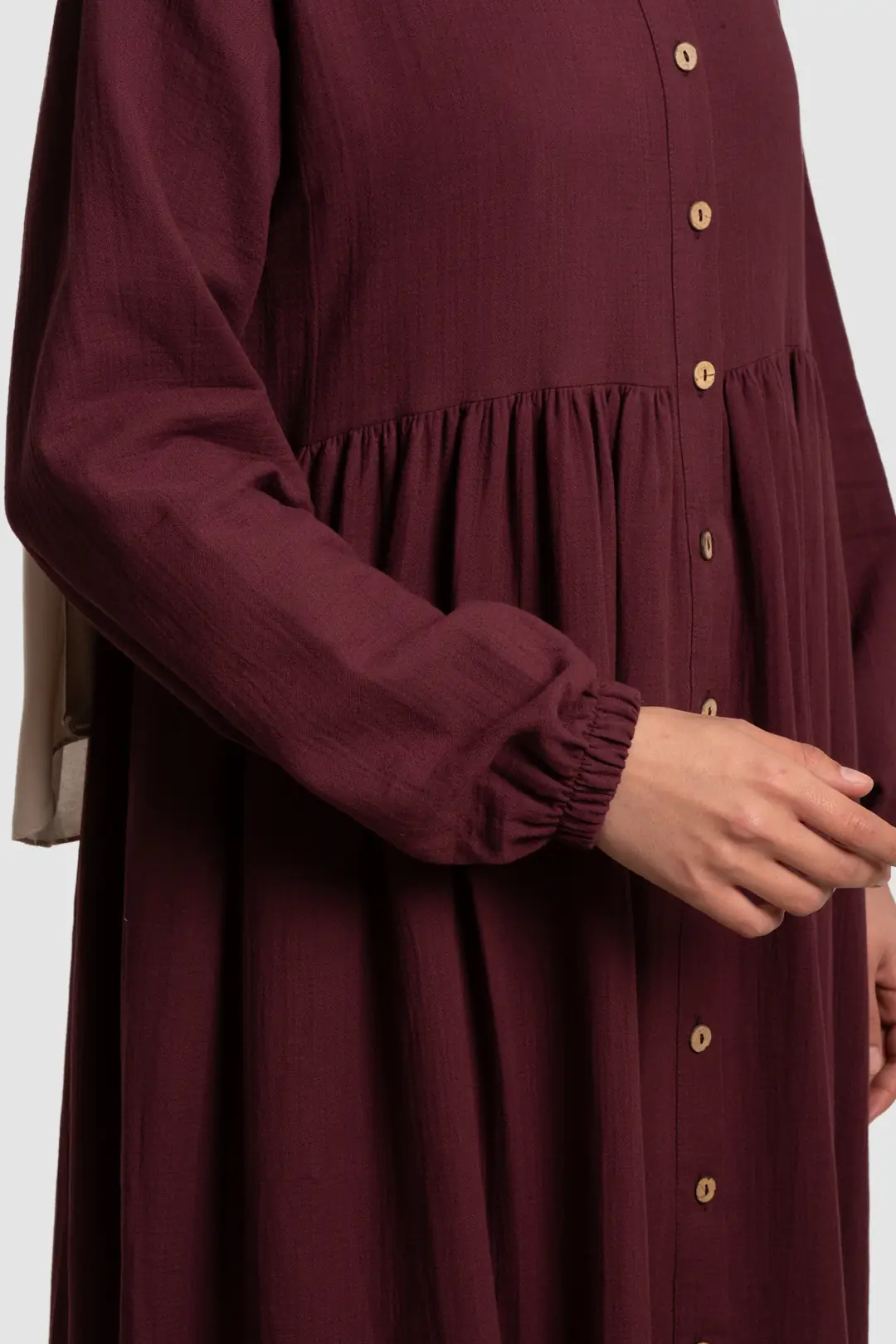 Full-Length Buttoned Muslin Dress, Burgundy 10