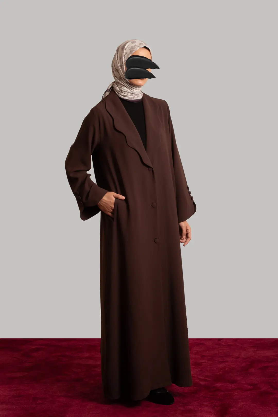 Pearl Collar Buttoned Abaya in Dark Brown 3