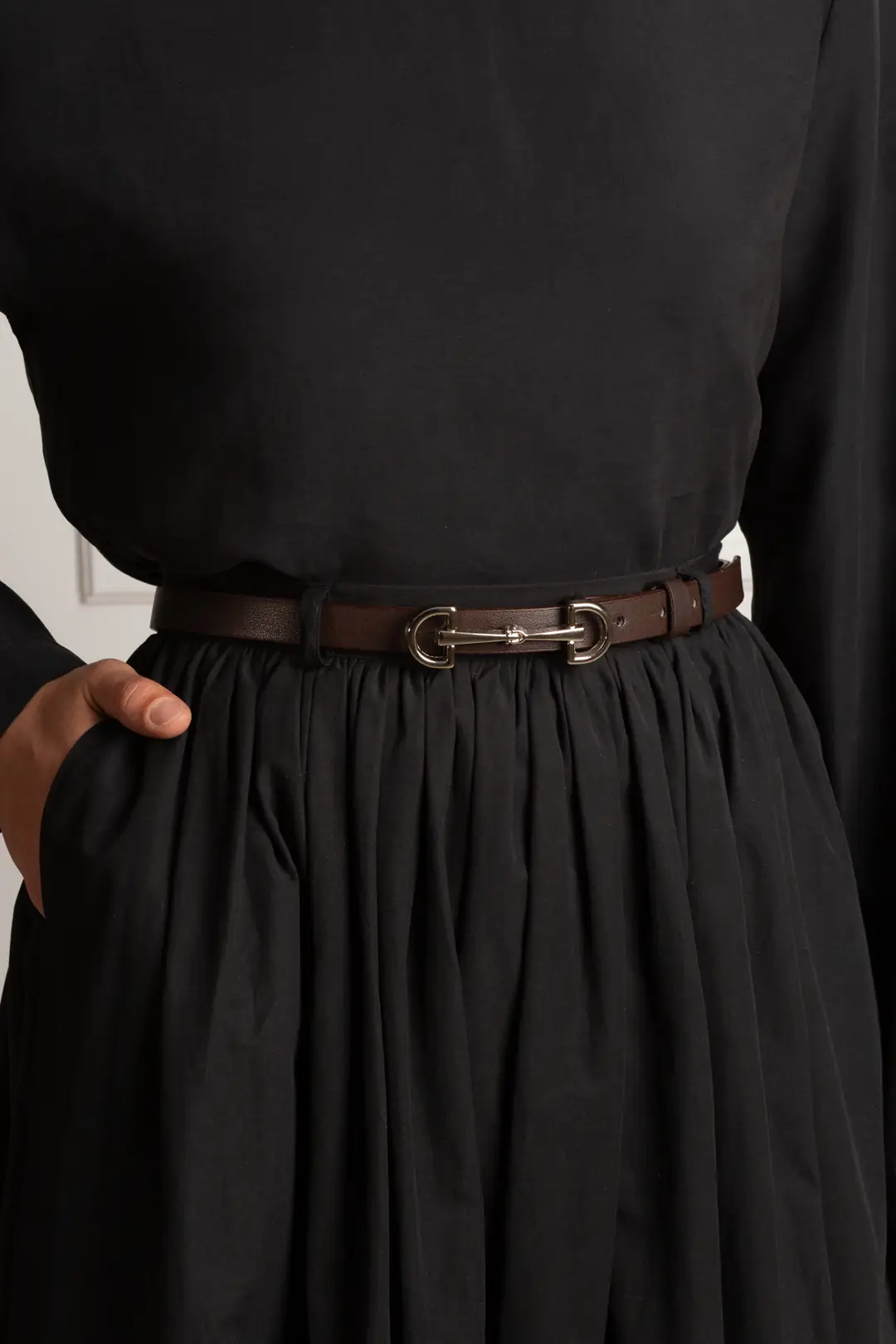 Double Silver Buckle Thin Leather Belt, Brown 3