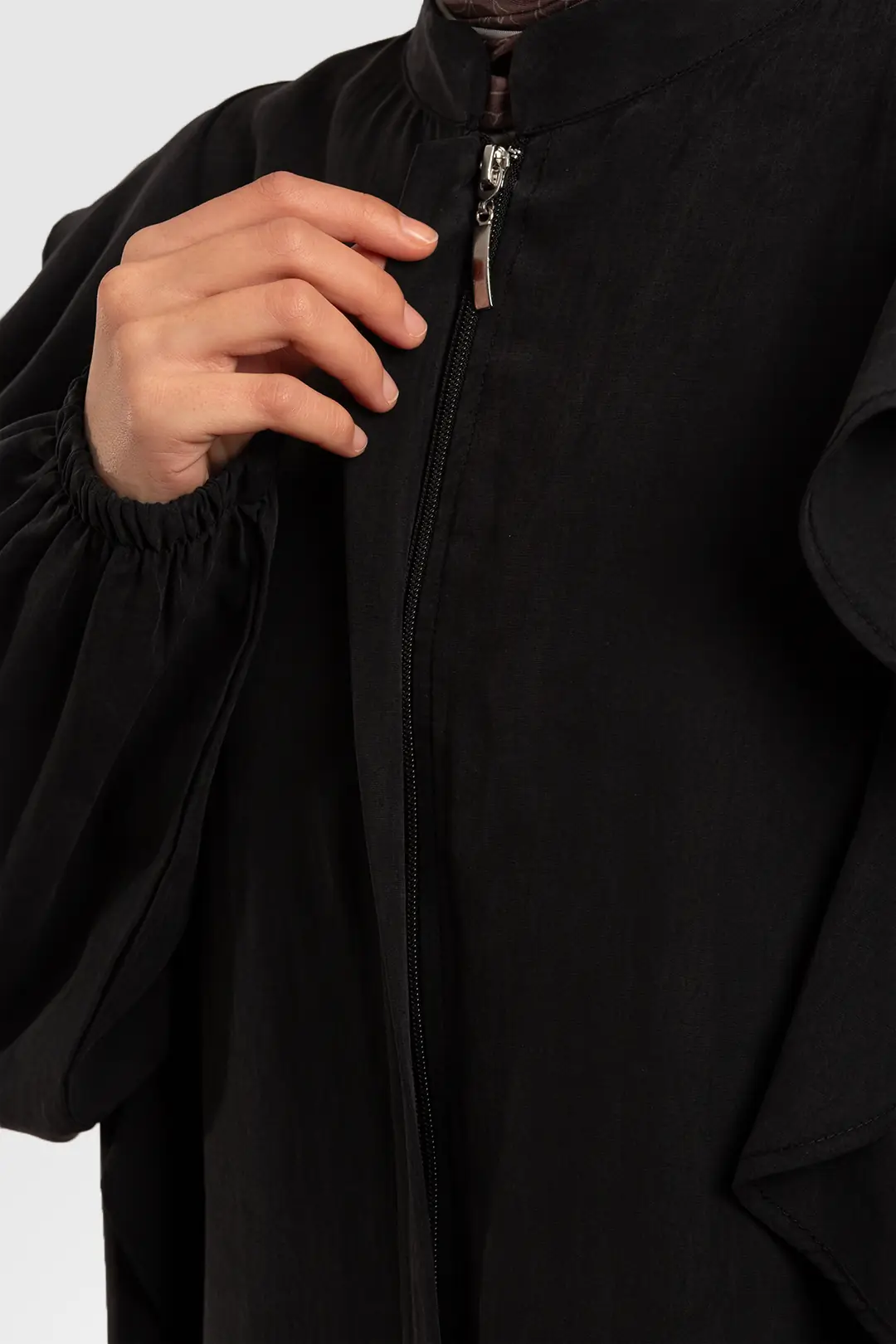 Zippered Ruffled Tencel Abaya, Black 8