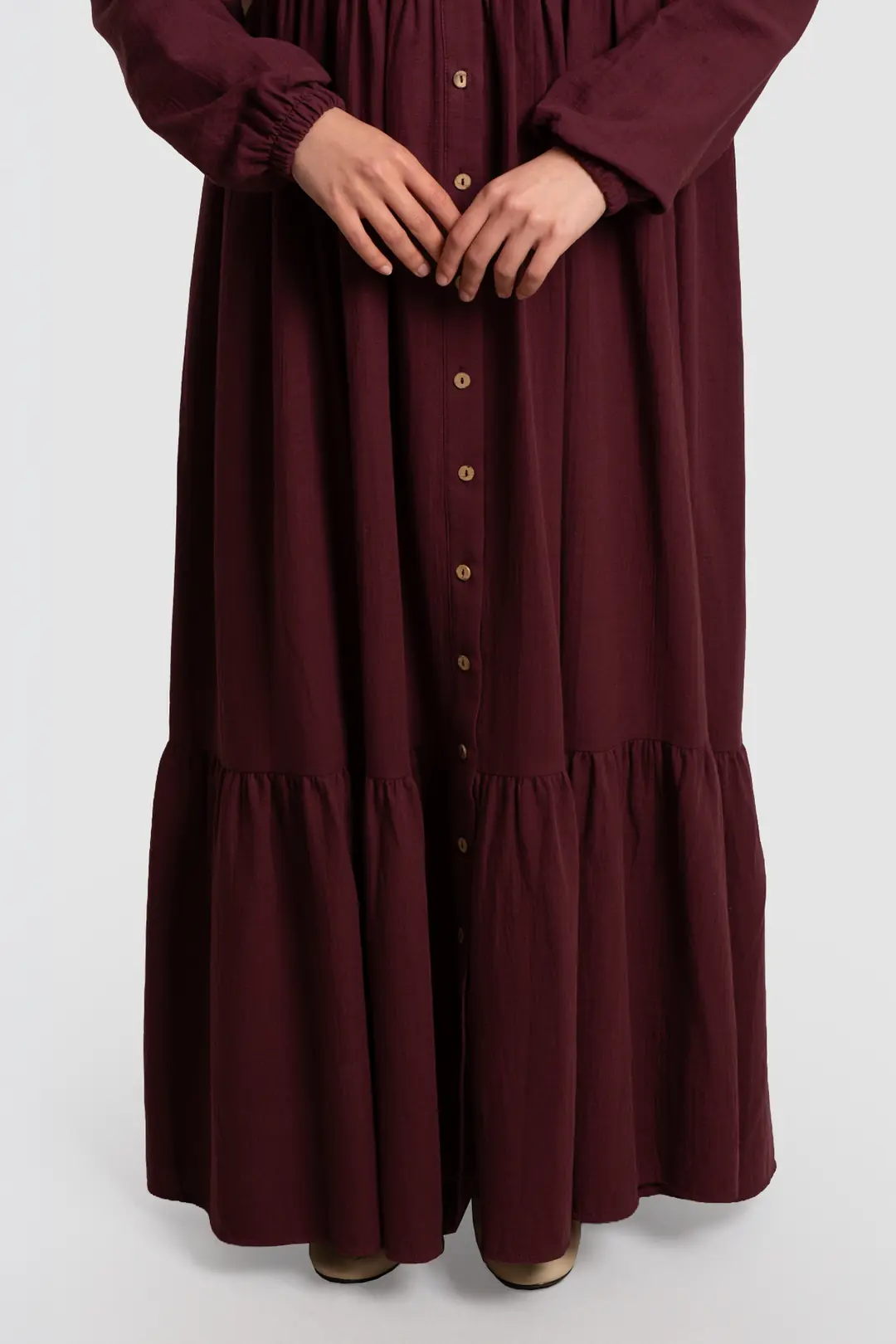 Full-Length Buttoned Muslin Dress, Burgundy 4