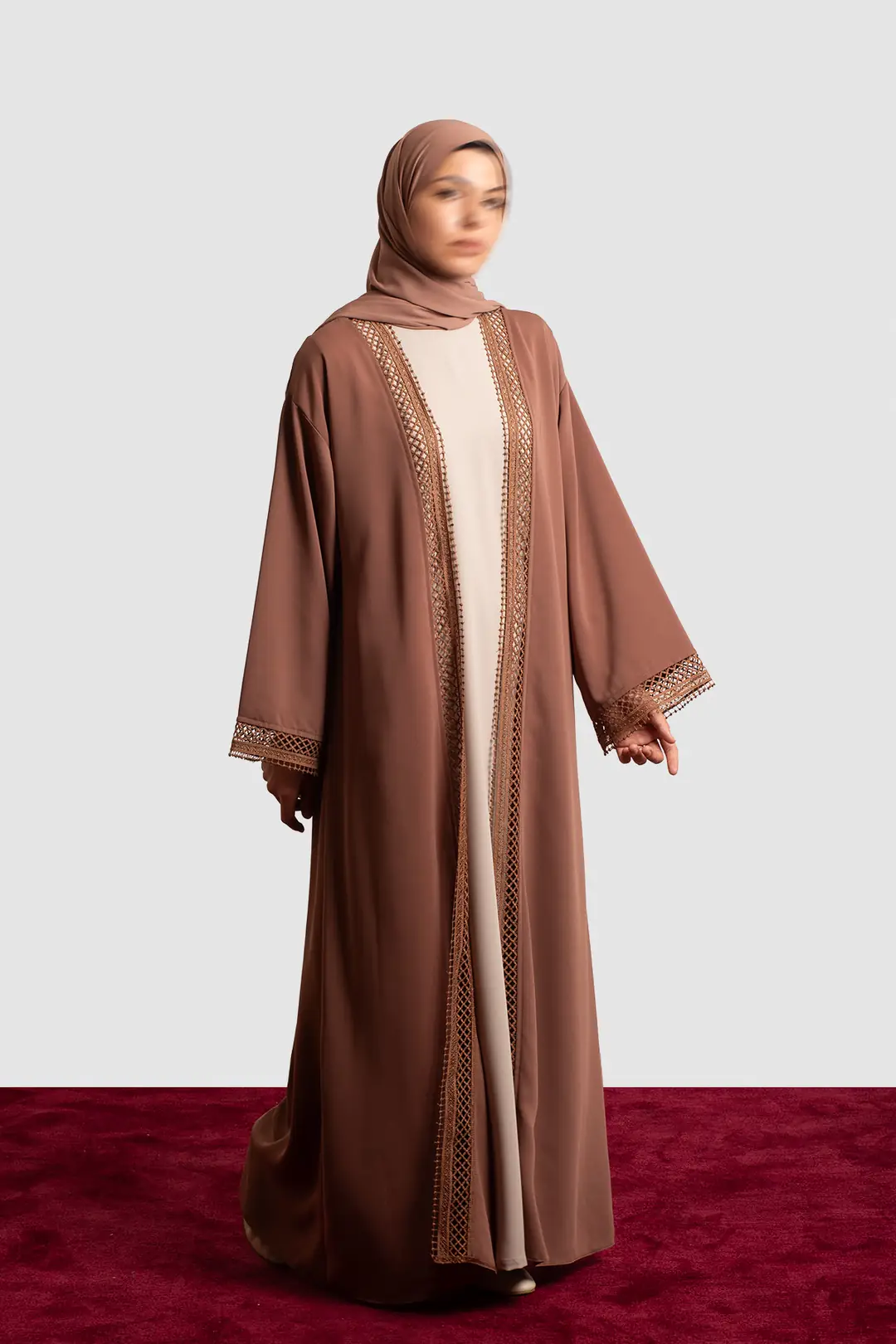 Güpür Detaylı Abaya Takım Açık Kahve