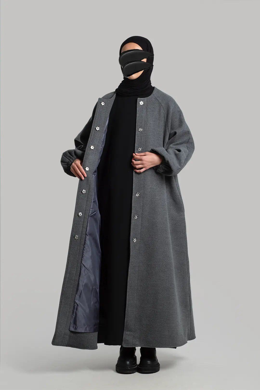 Flared Cashmere Full Length Hijab Coat Grey 6