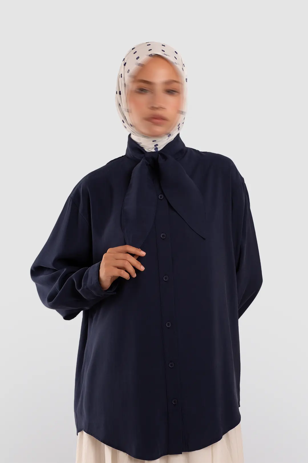 Scarf Collar Modal Shirt Navy Blue