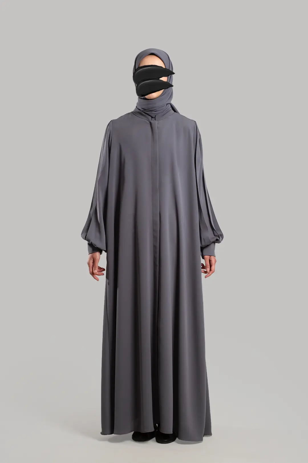 Pleated Sleeve Zippered Abaya, Soft Grey