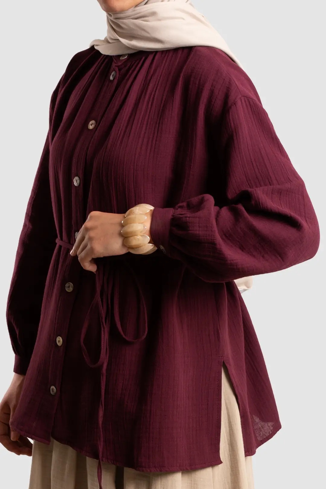 Muslin Shirt with Gathered Detail, Burgundy 6