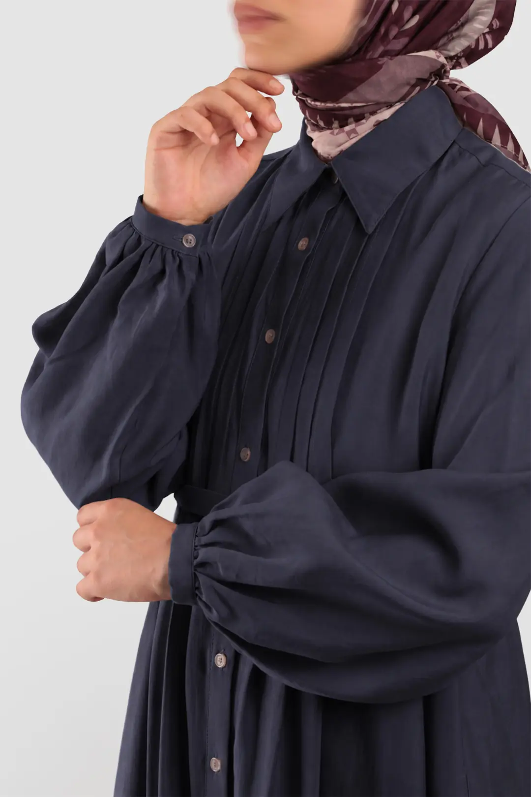 Shirt Collar Tencel Dress Navy Blue