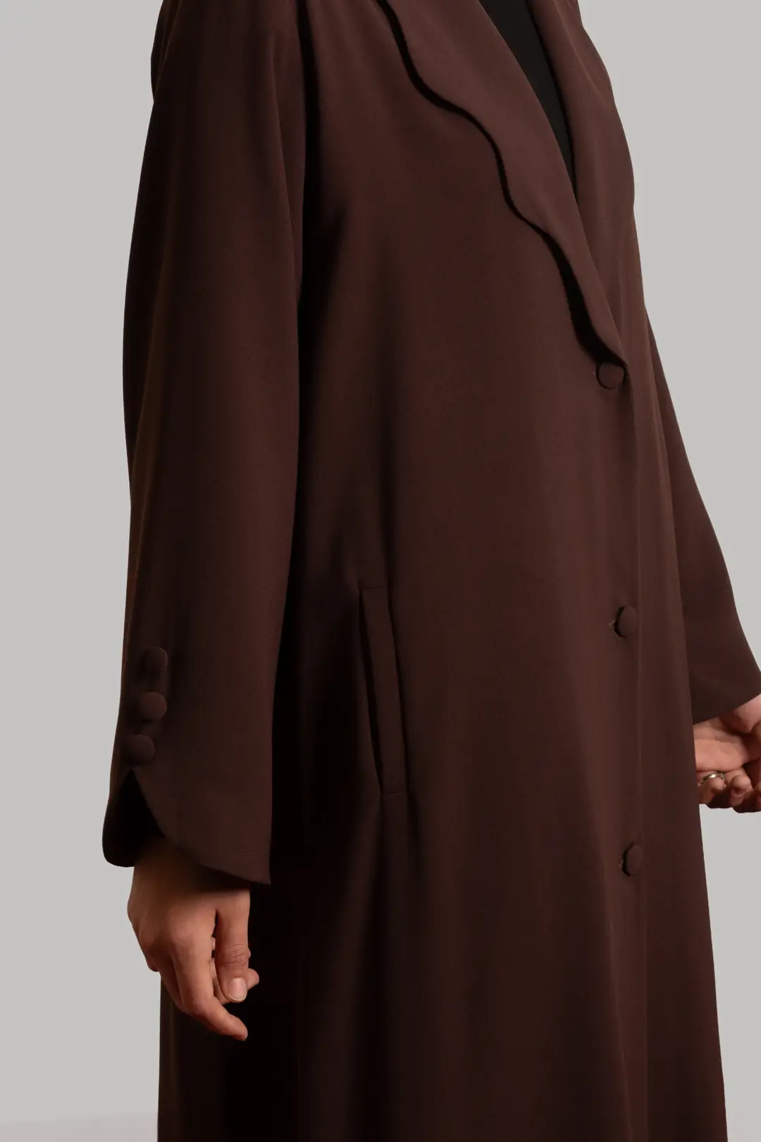 Pearl Collar Buttoned Abaya in Dark Brown 7