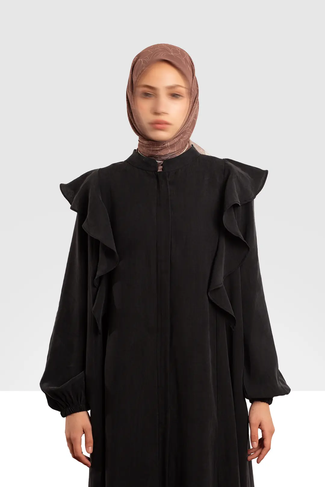 Zippered Ruffled Tencel Abaya, Black 5
