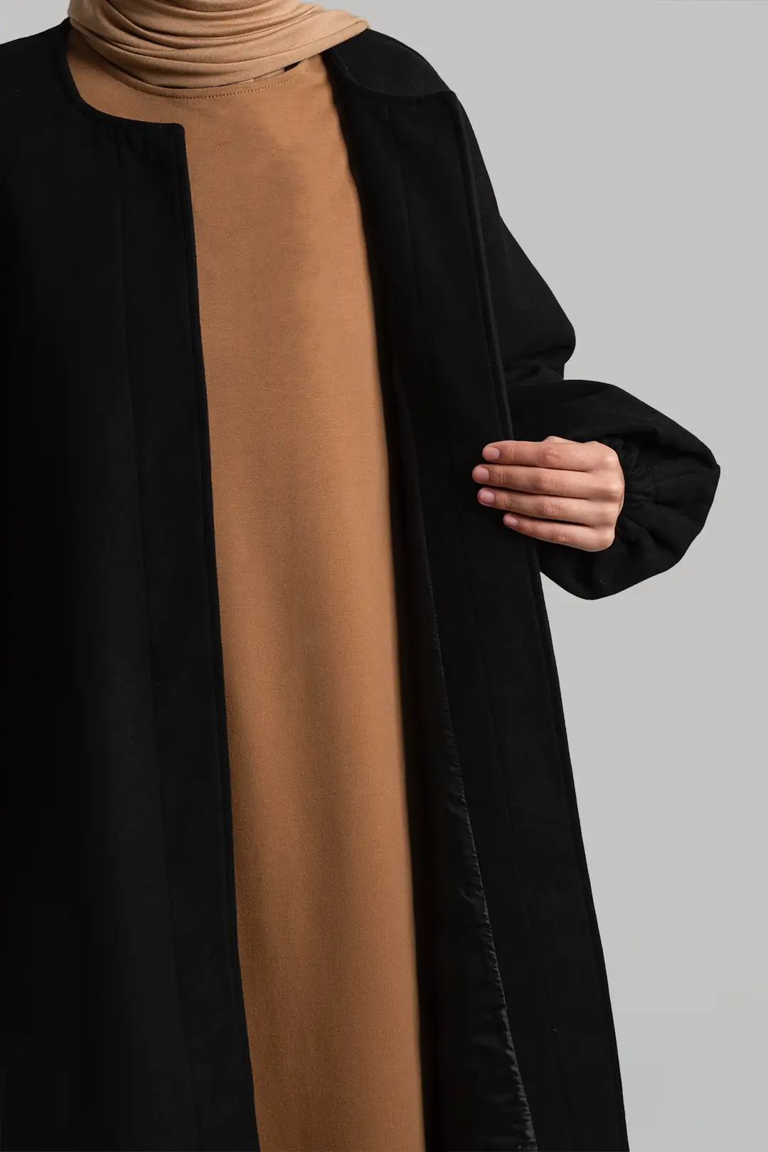 Flared Cashmere Full Length Hijab Coat Black 6