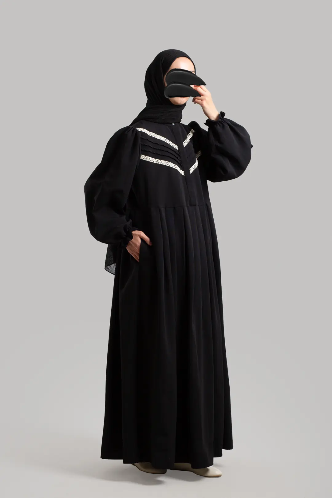 Lace Detail Linen Dress Black 6