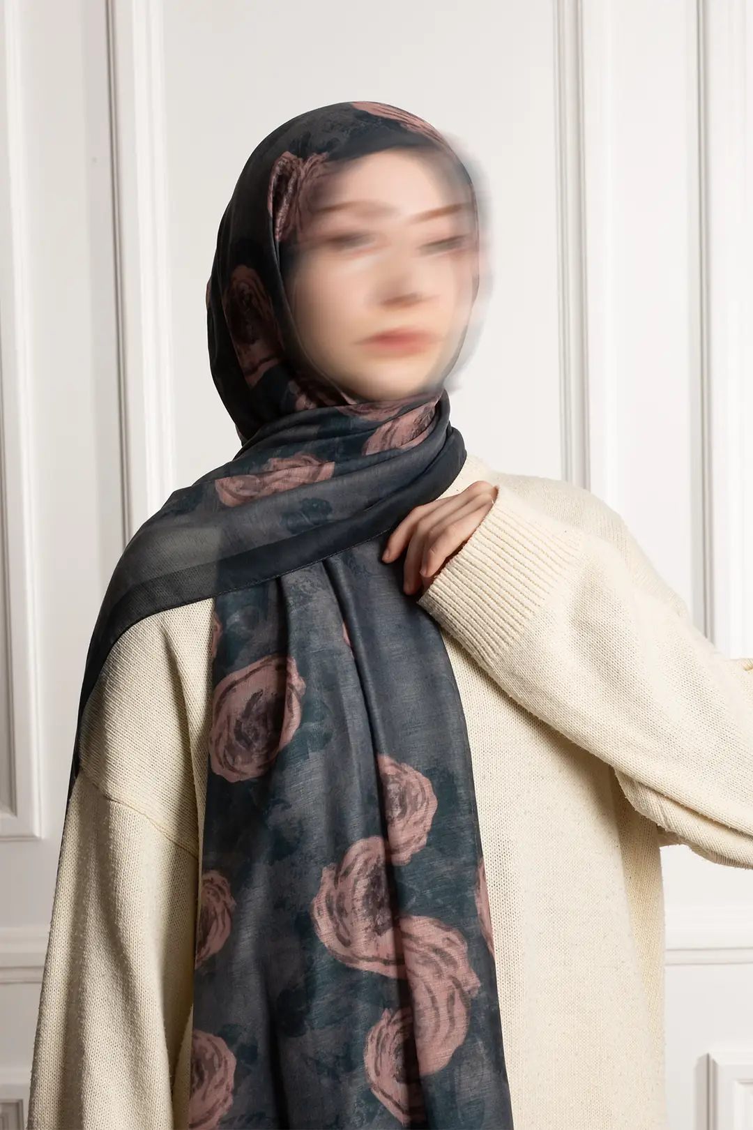Antique Rose Patterned Cotton Scarf, Navy Blue 8