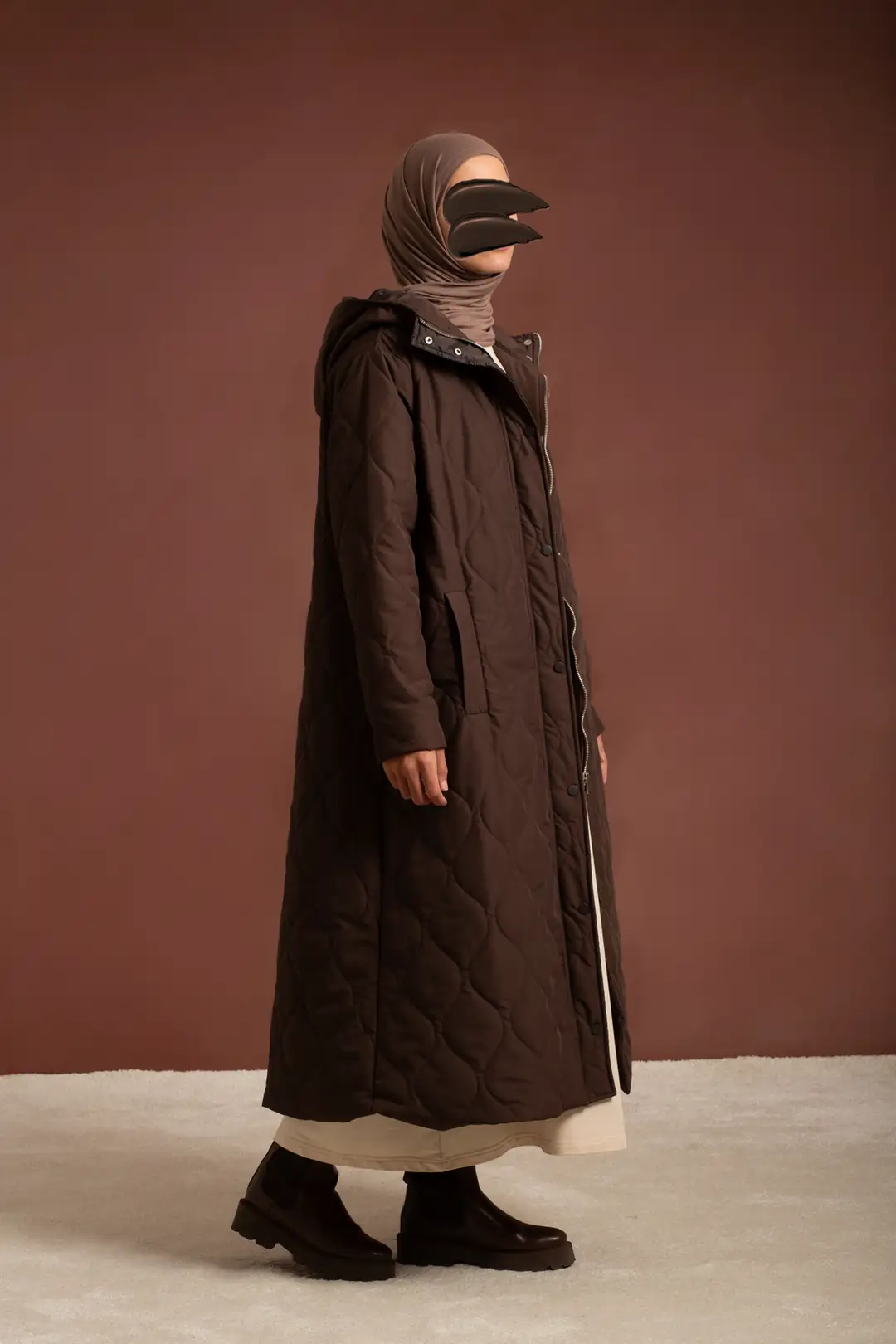 Long Hooded Quilted Jacket Dark Brown