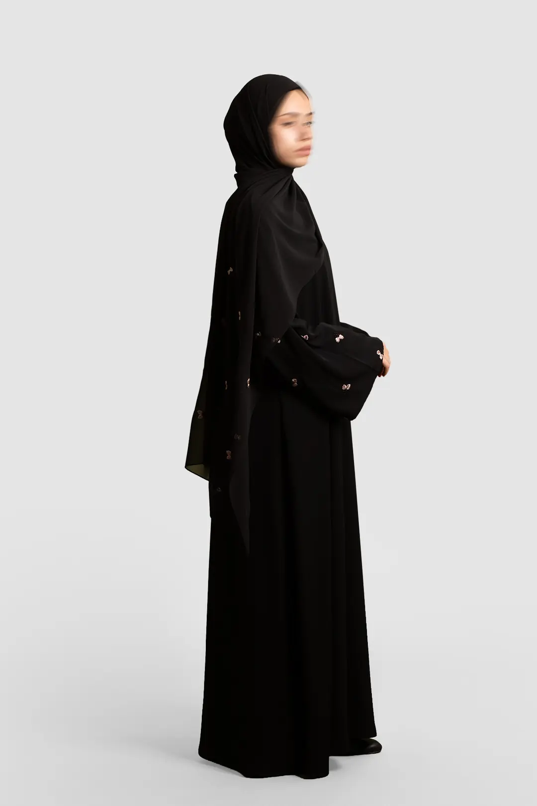 Minimal Yaprak Motifli Abaya Takım Bej 4