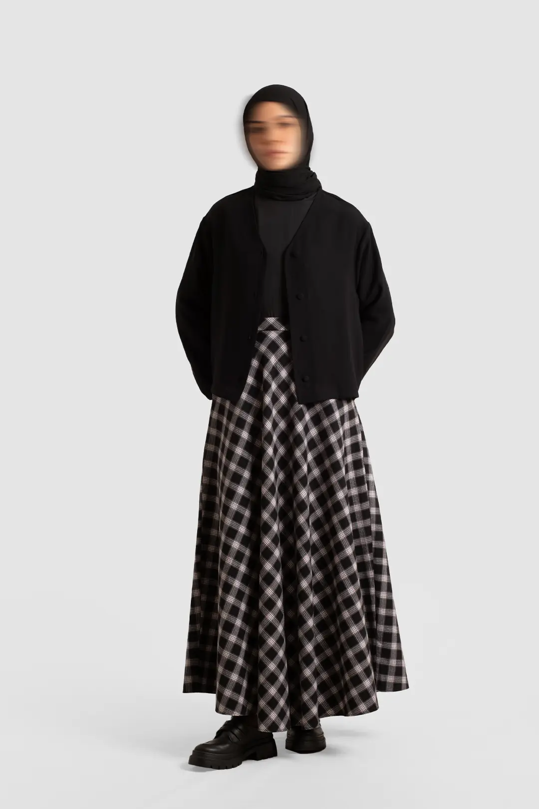 Plaid Pattern Cotton Flared Skirt Black 7