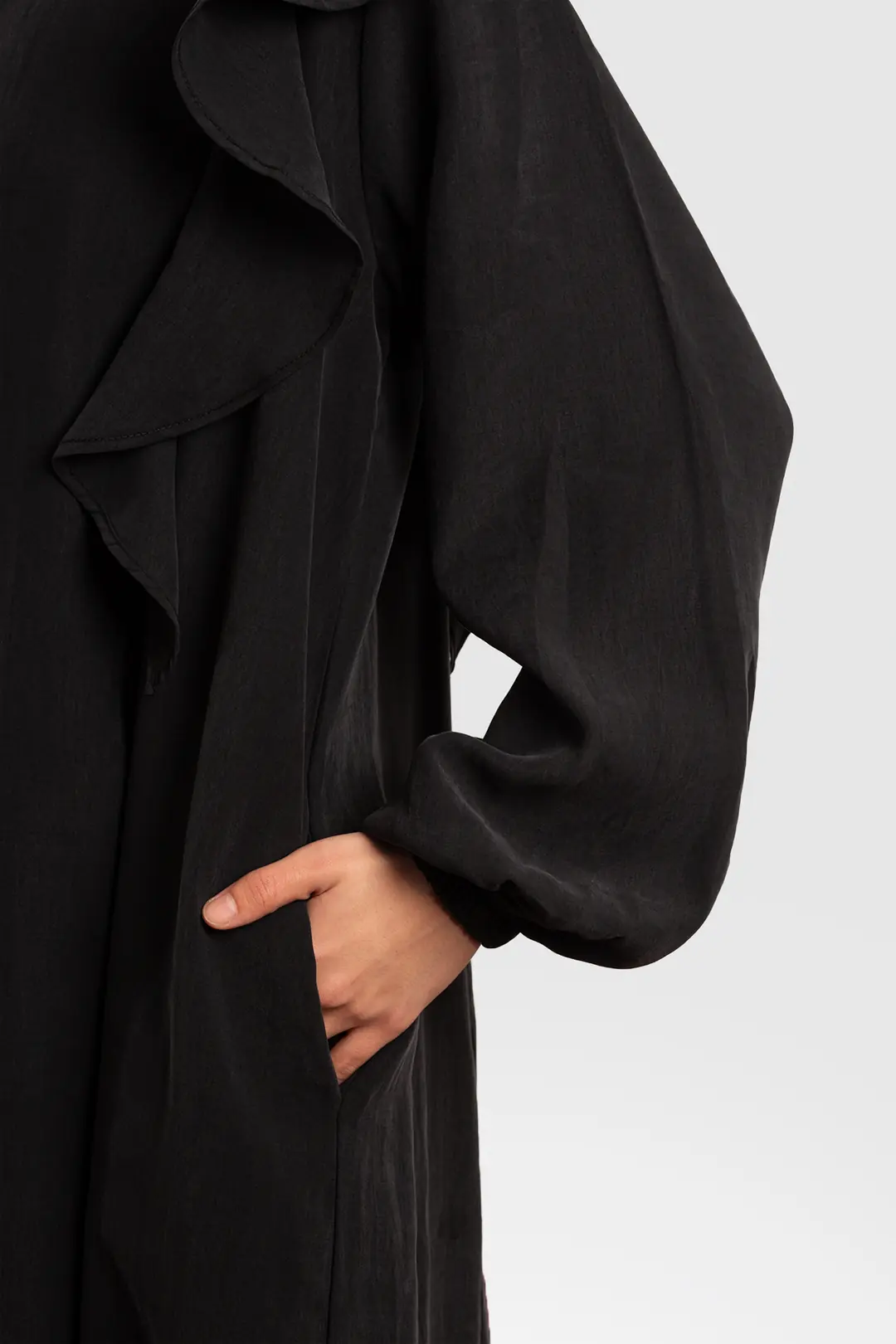 Zippered Ruffled Tencel Abaya, Black 6