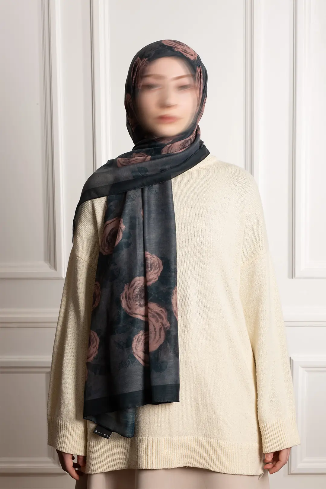 Antique Rose Patterned Cotton Scarf, Navy Blue 7