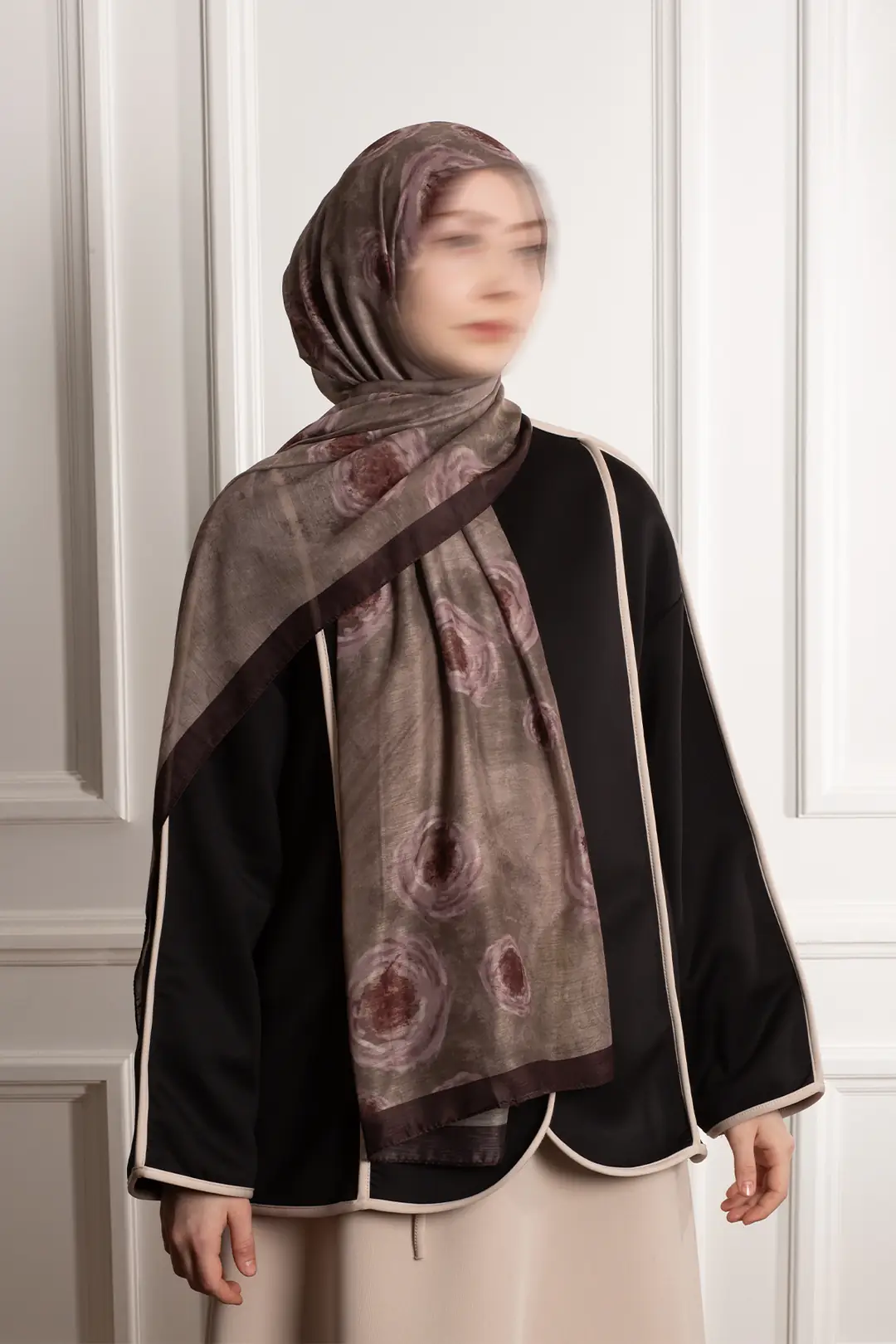 Antique Rose Patterned Cotton Scarf, Light Brown 4