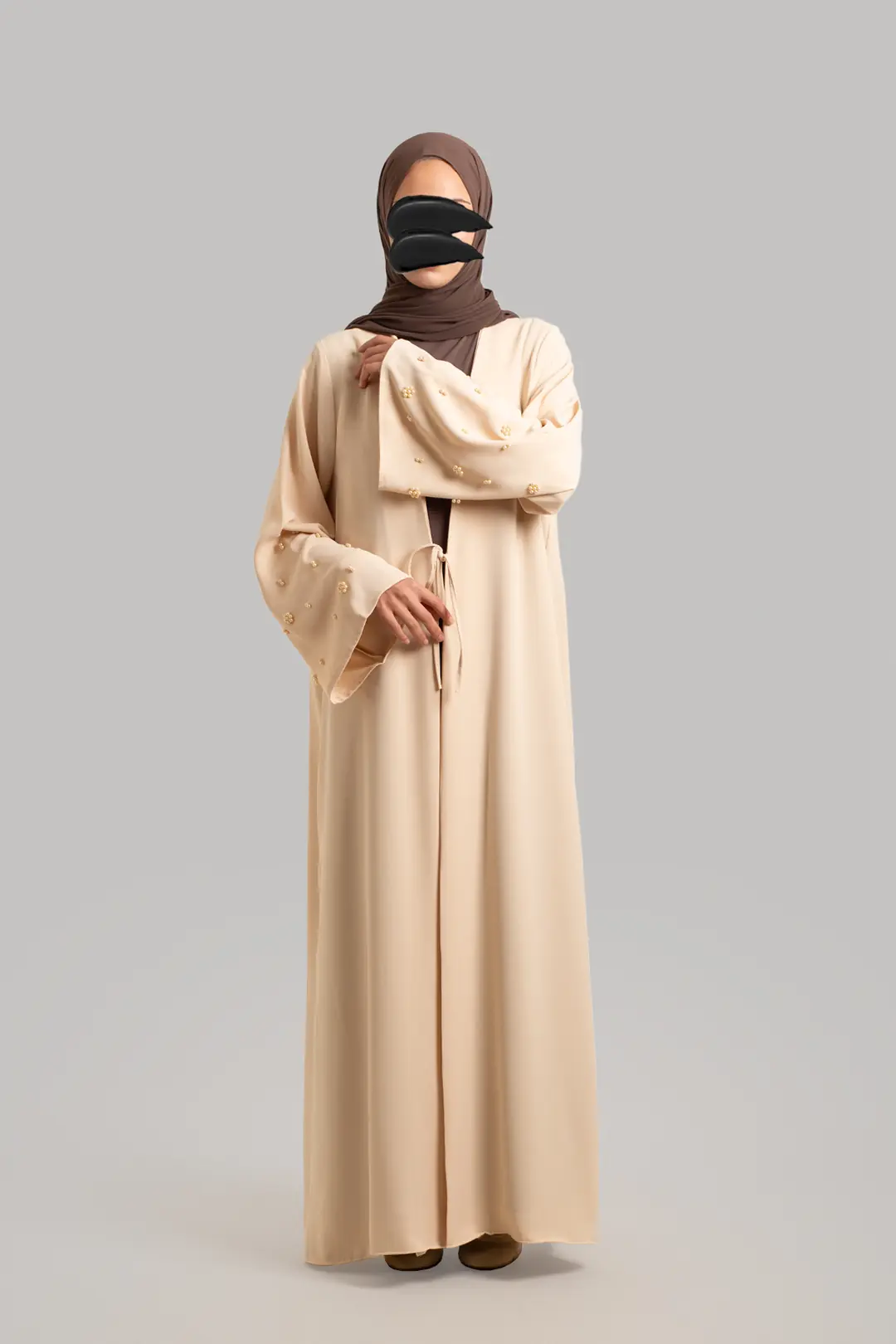 Boncuk Detaylı Abaya Krem 5