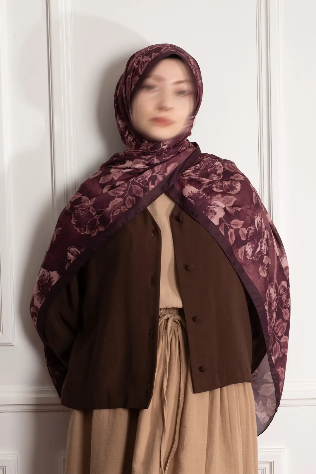 Amber Buğusu Desenli Soft Şal Mürdüm