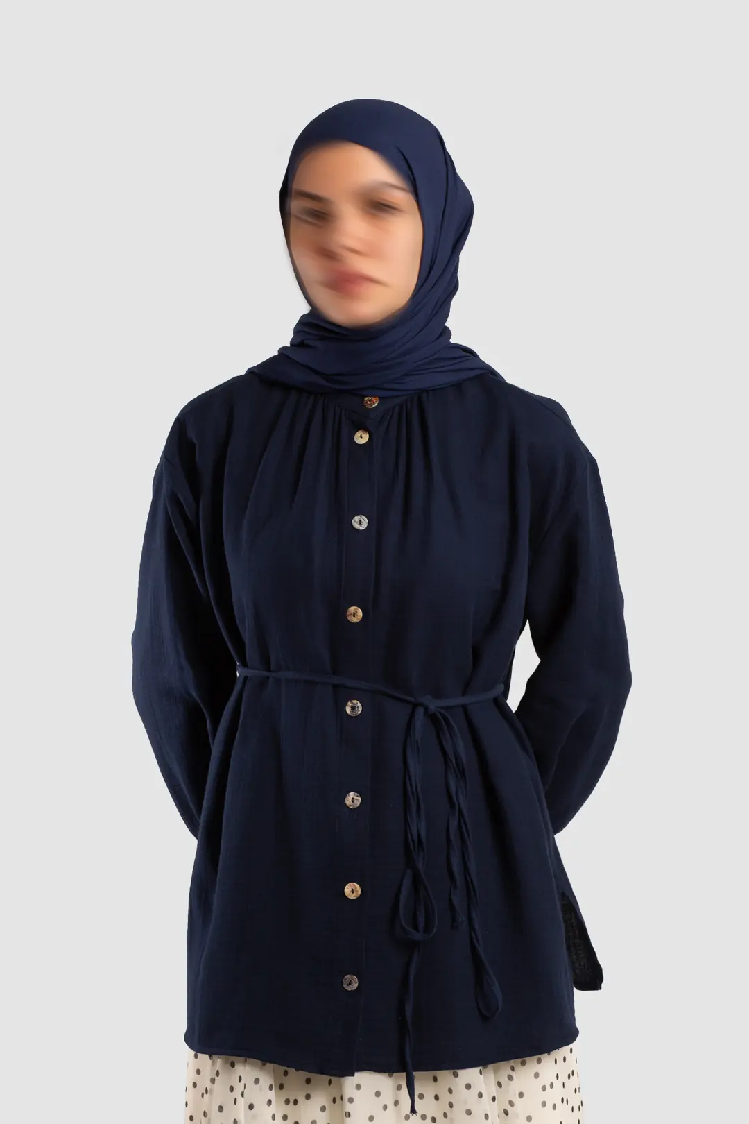 Muslin Shirt with Gathered Detail, Navy Blue 2