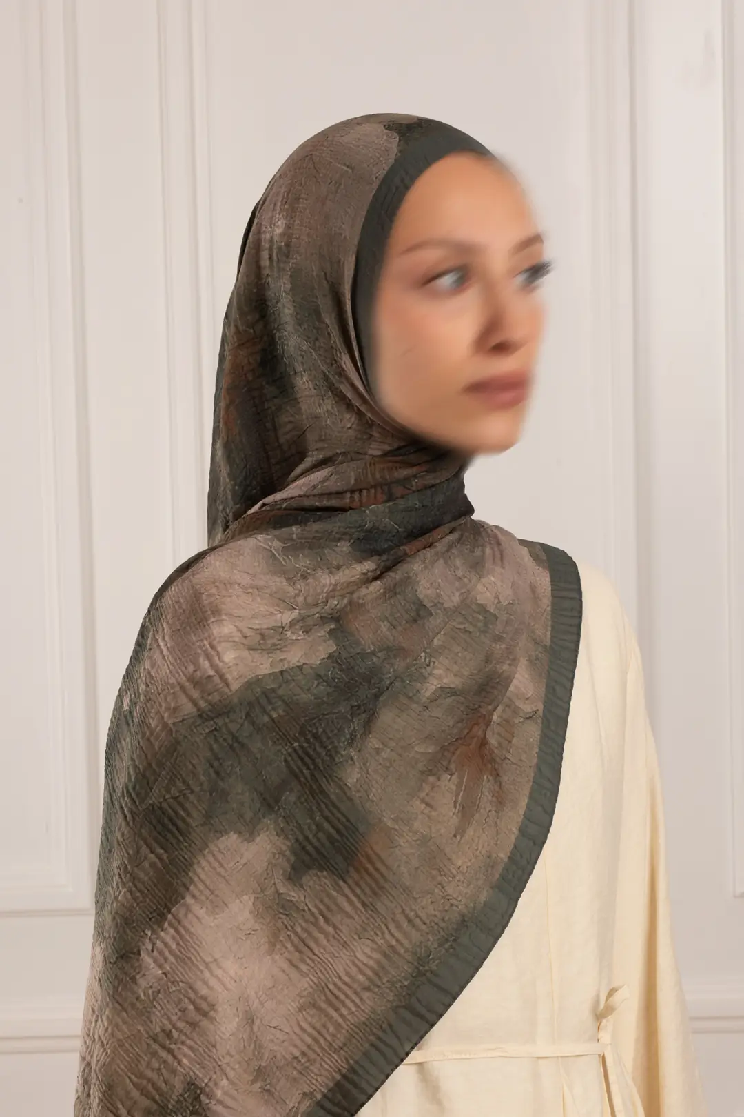 Çiçek Sisi Desenli Müslin Şal Haki 3