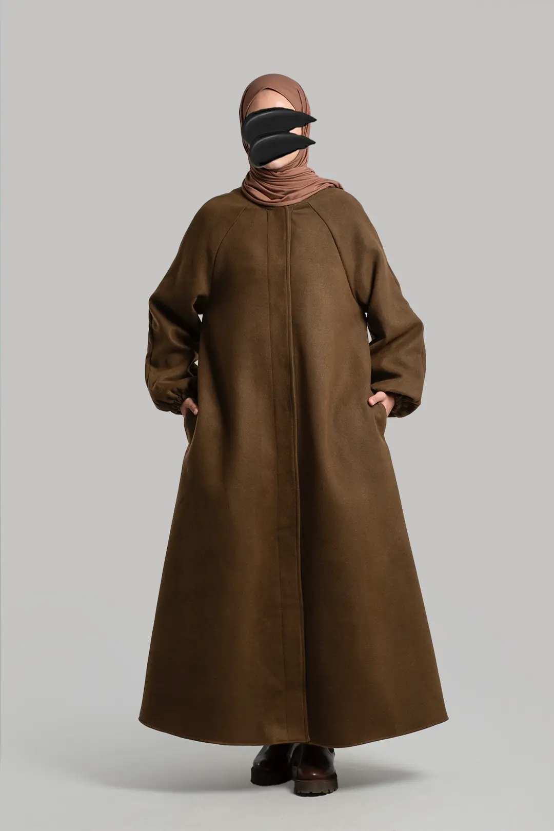 Flared Cashmere Full Length Hijab Coat Brown 4