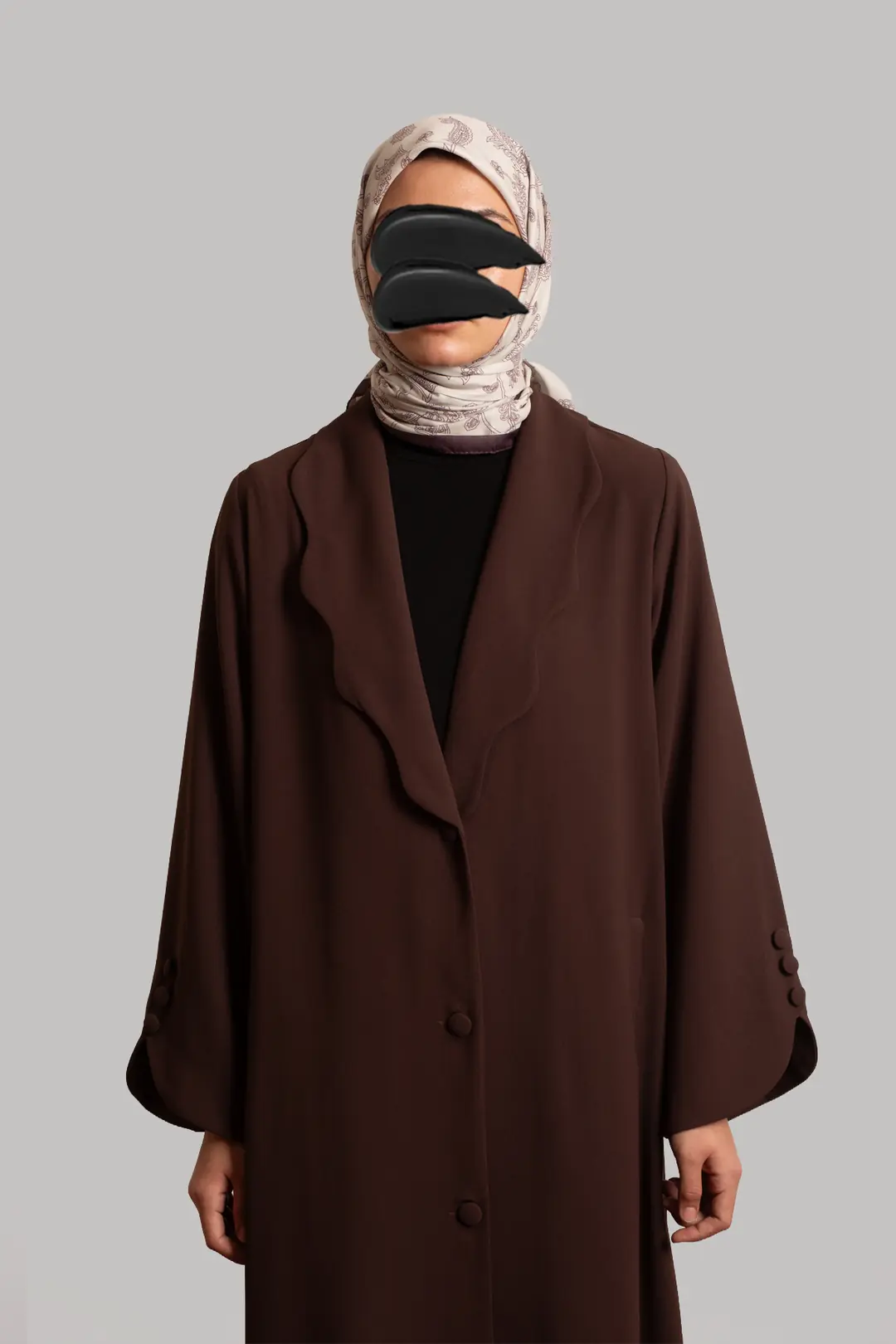 Pearl Collar Buttoned Abaya in Dark Brown 6