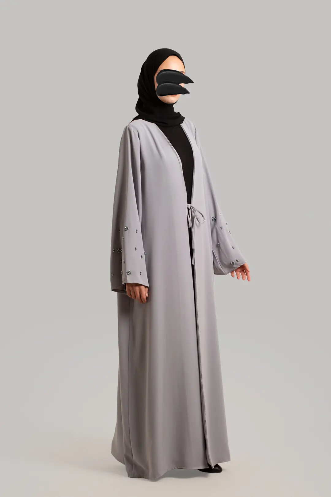 Boncuk Detaylı Abaya Gri 4