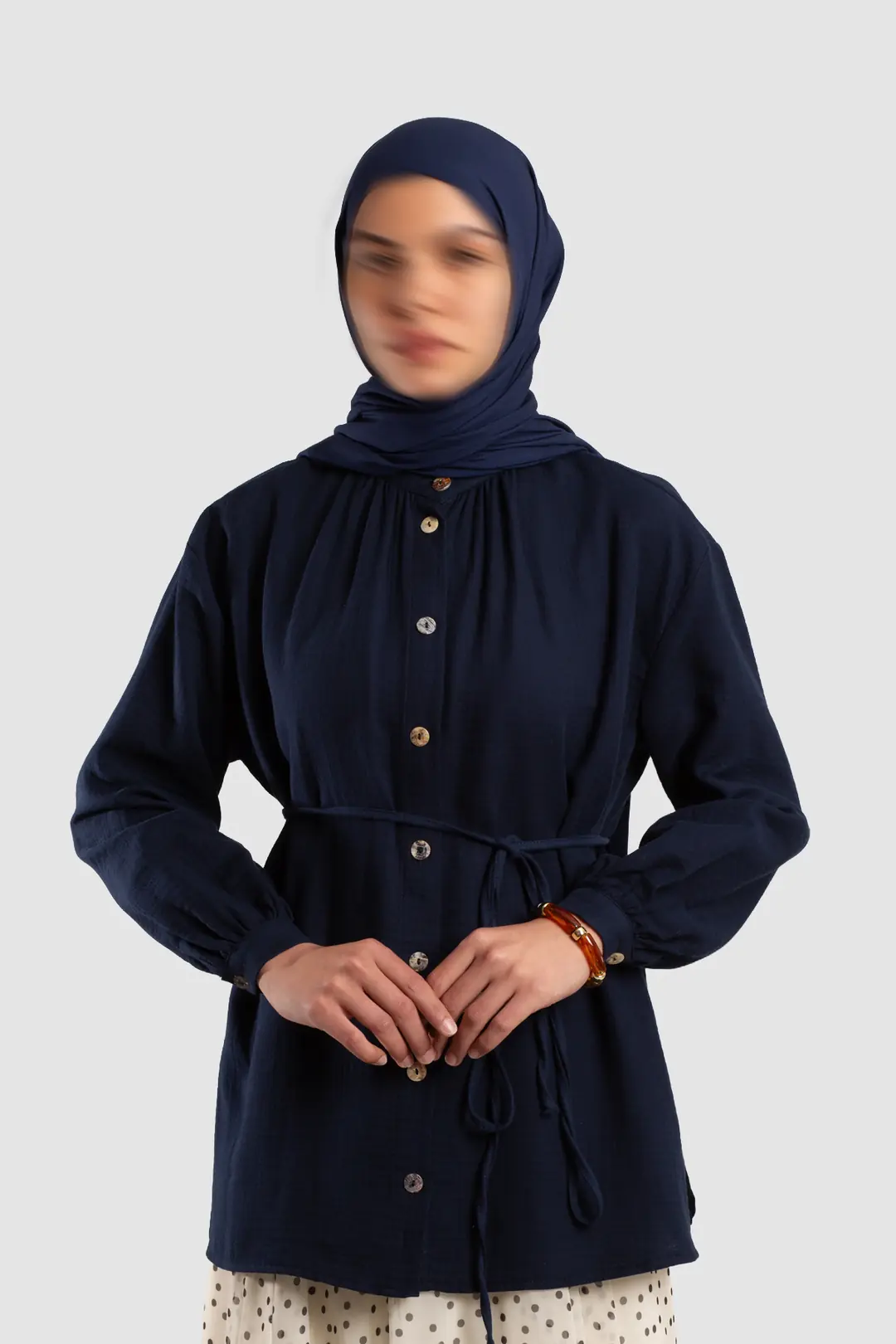 Muslin Shirt with Gathered Detail, Navy Blue 3