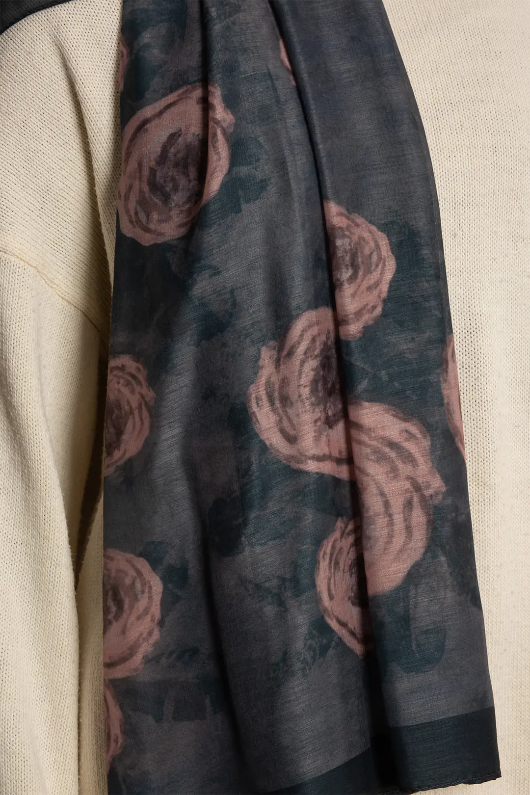 Antique Rose Patterned Cotton Scarf, Navy Blue 5