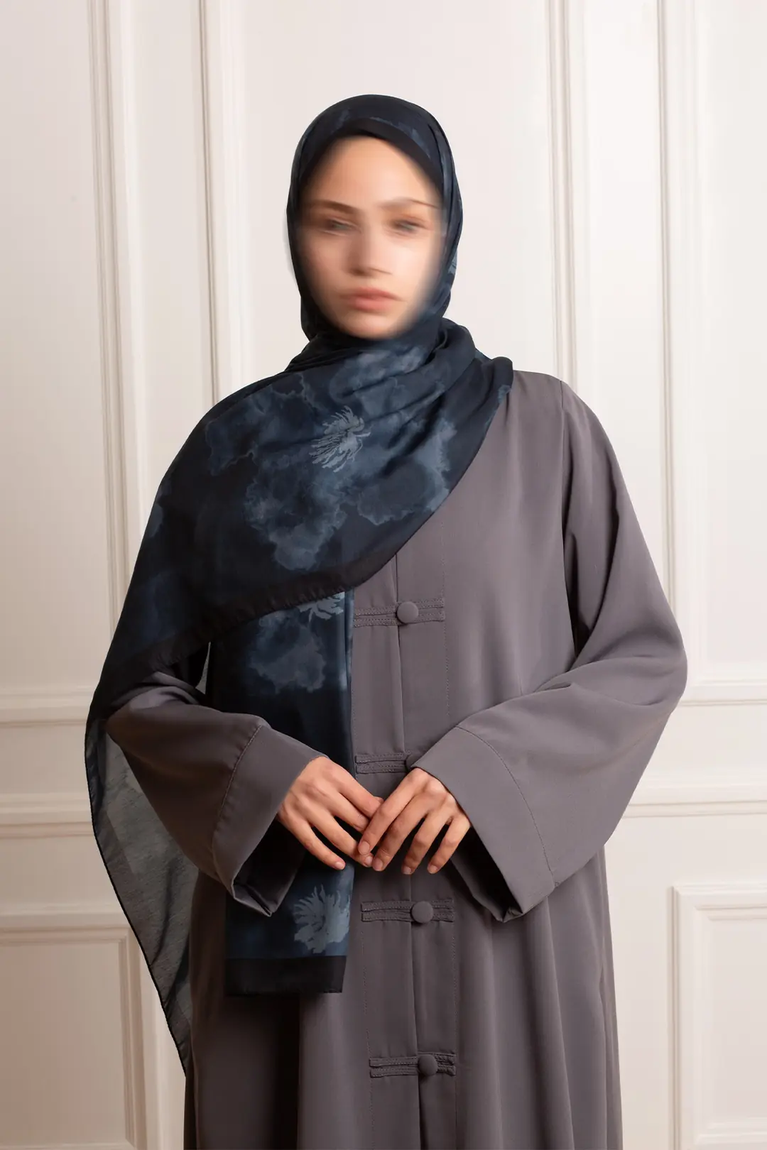 Puslu Bahçe Desenli Soft Şal Lacivert 2
