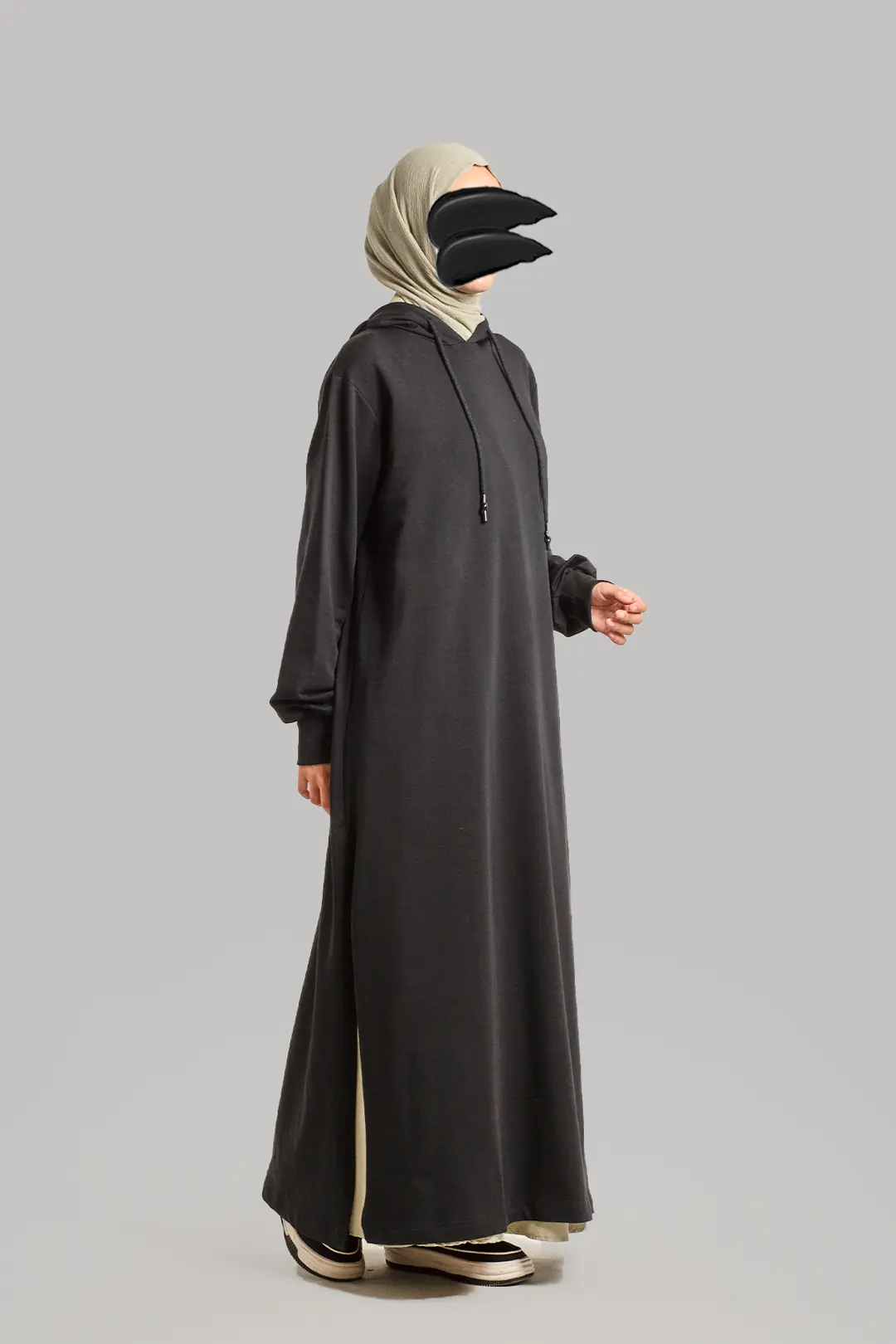 Plain Hooded Cotton Dress Black