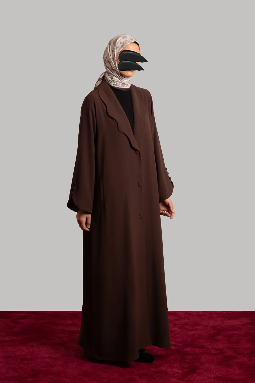 Pearl Collar Buttoned Abaya in Dark Brown 5