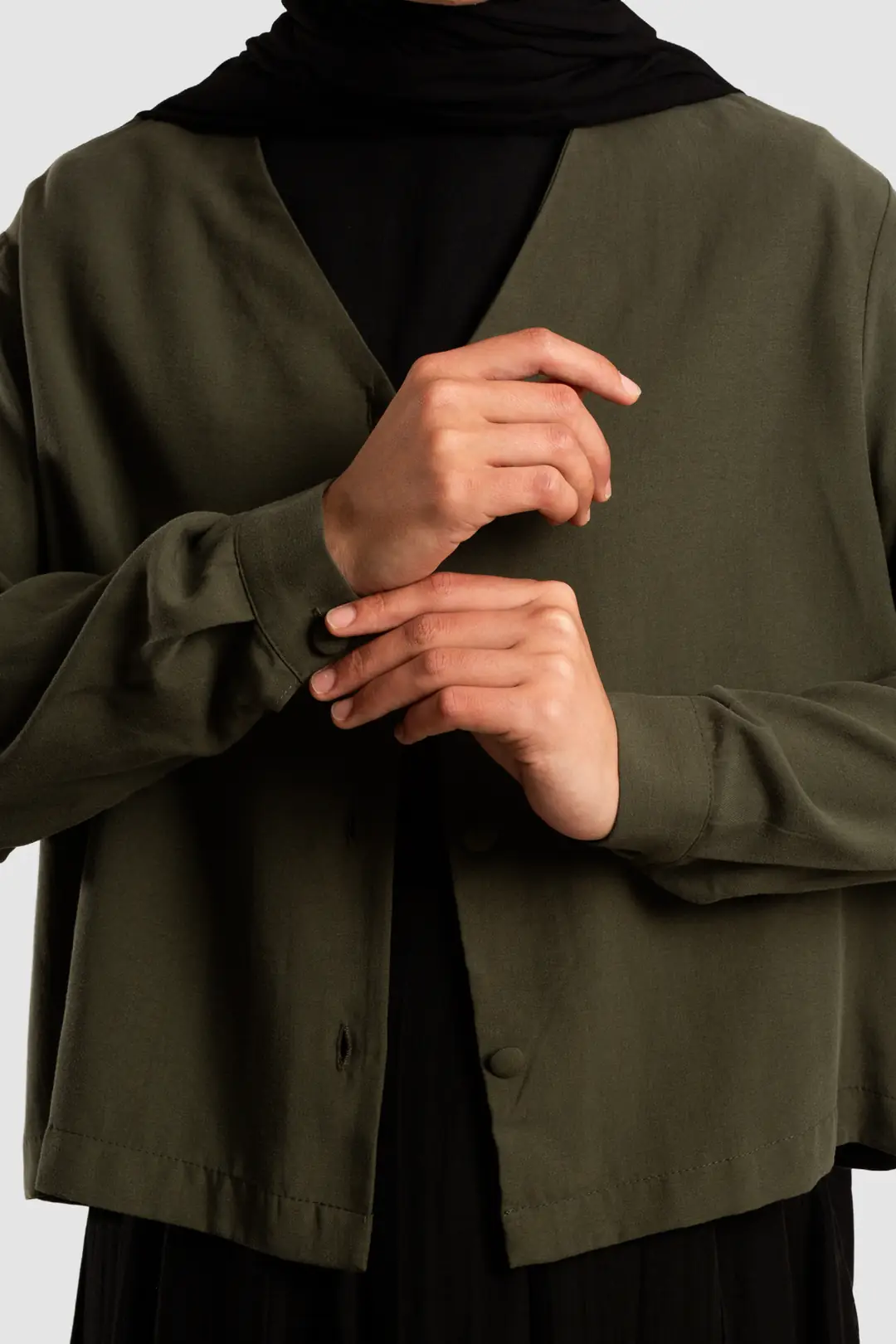 Tencel V-Neck Button-Down Jacket, Khaki