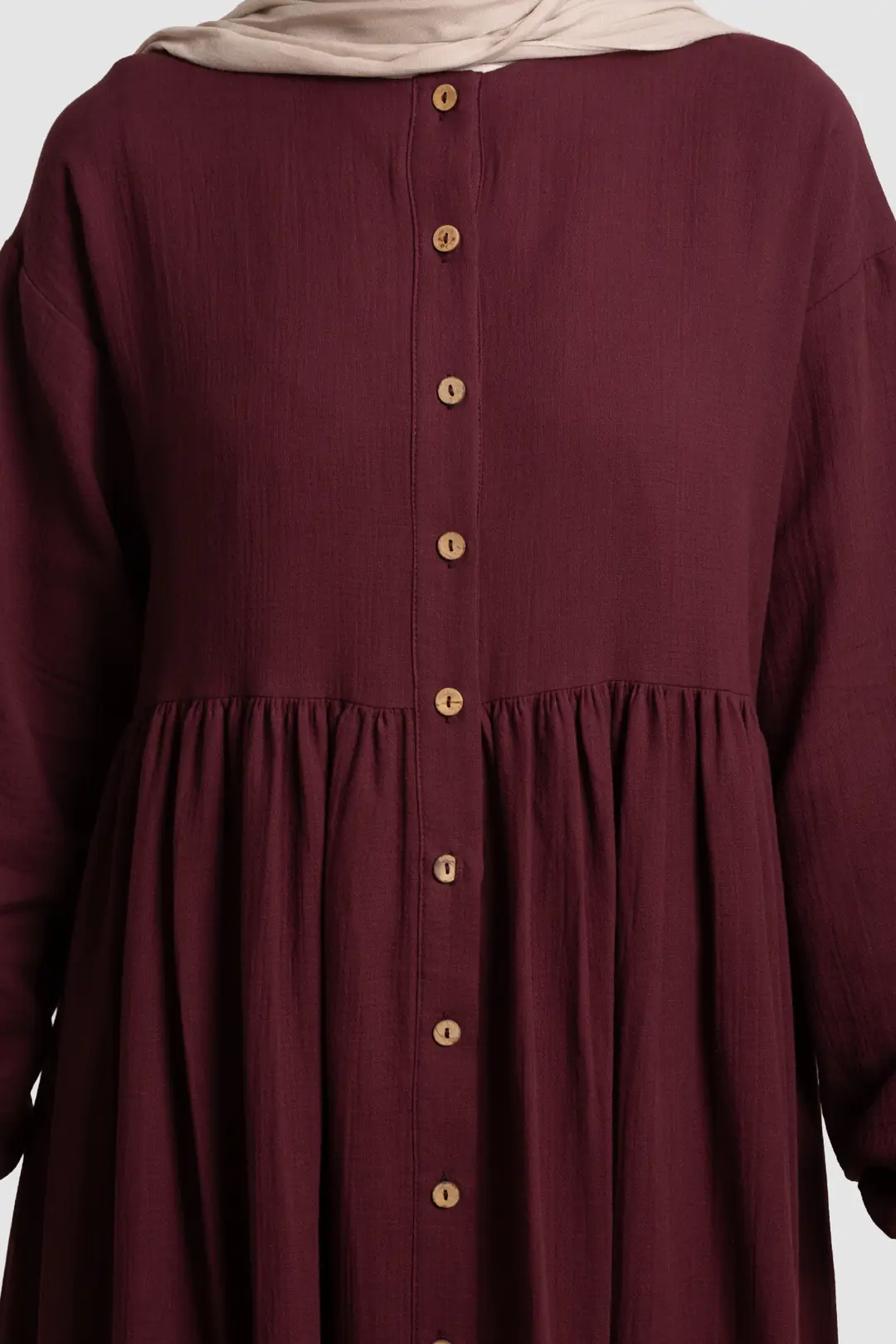 Full-Length Buttoned Muslin Dress, Burgundy 9