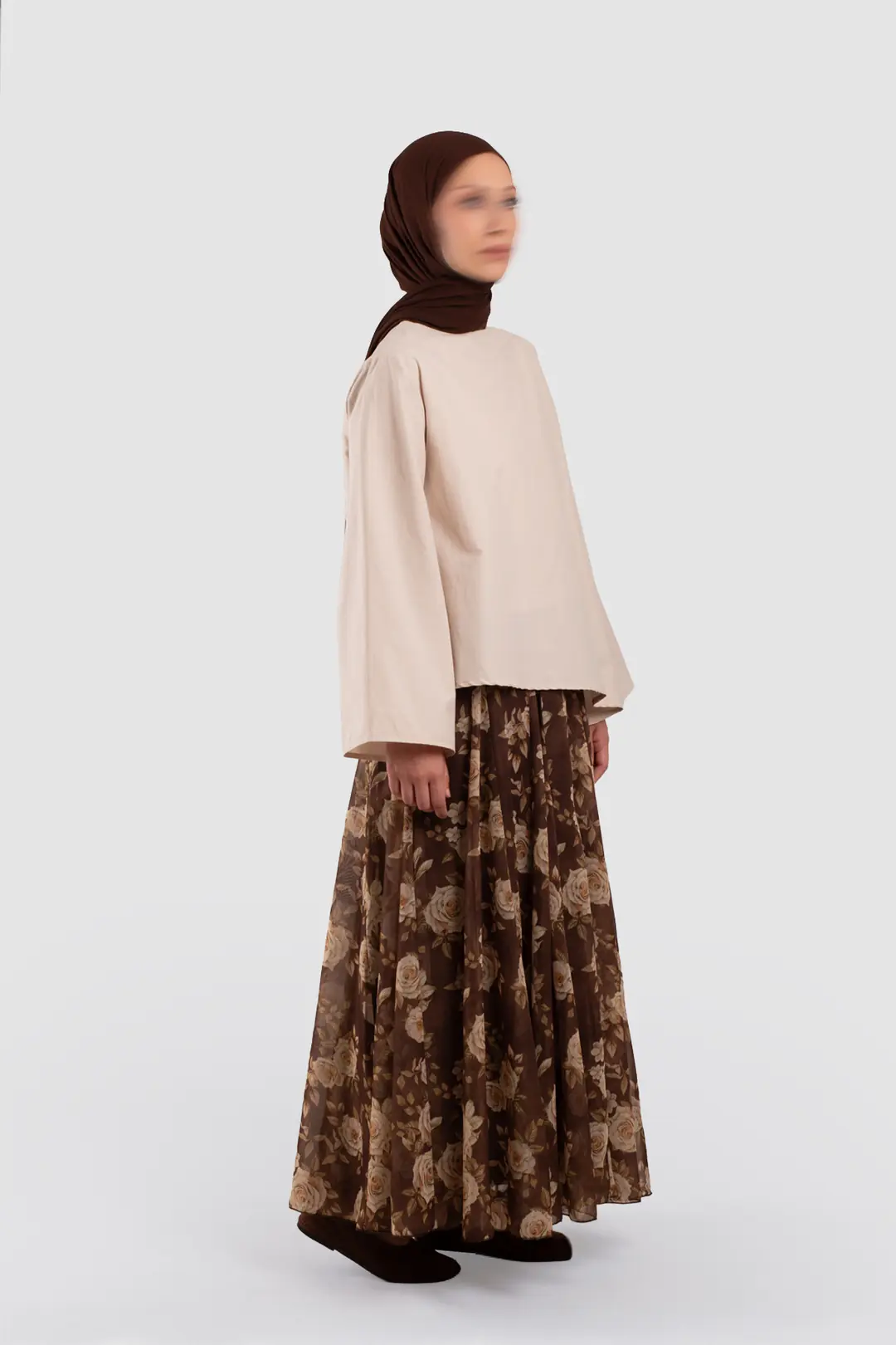Floral Desenli Şifon Kloş Etek Kahverengi 6