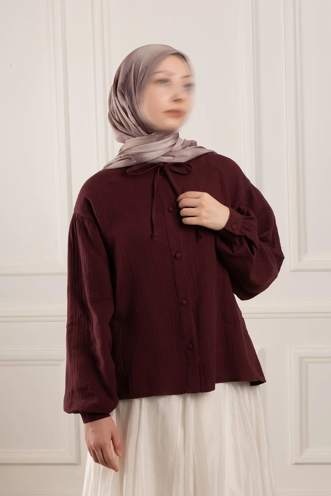 Pile Detaylı Müslin Gömlek Bordo 8