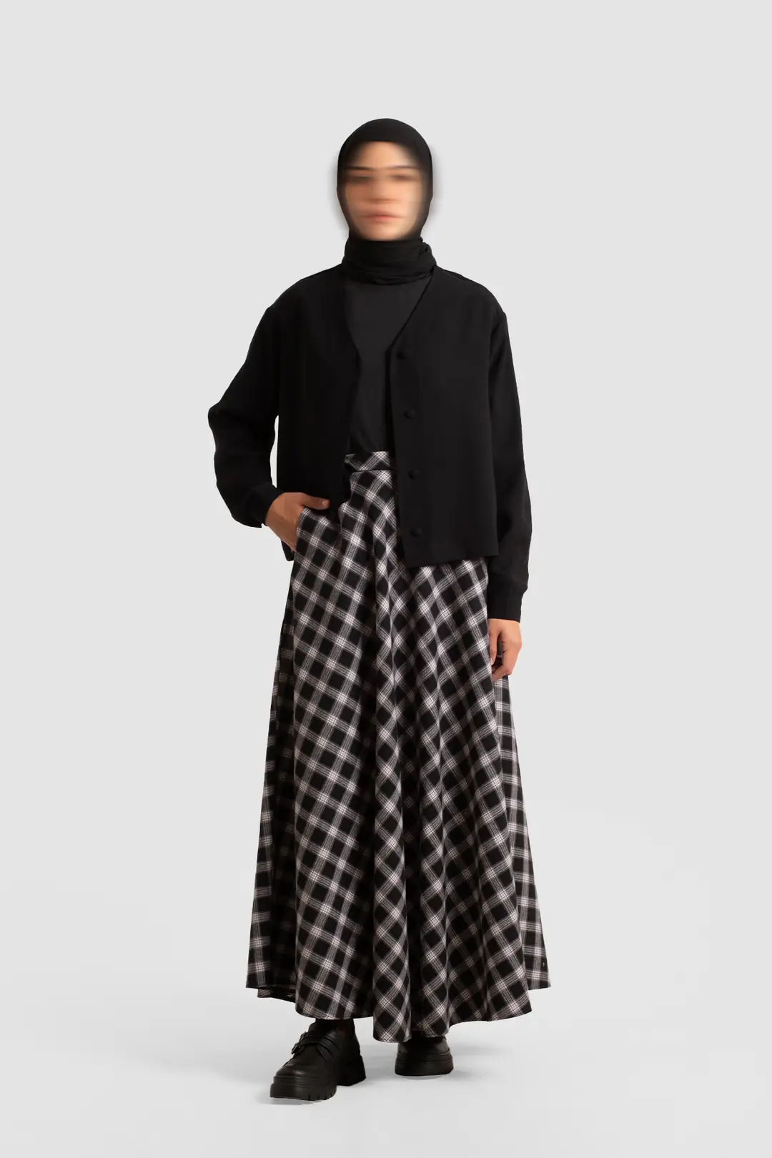 Plaid Pattern Cotton Flared Skirt Black 3