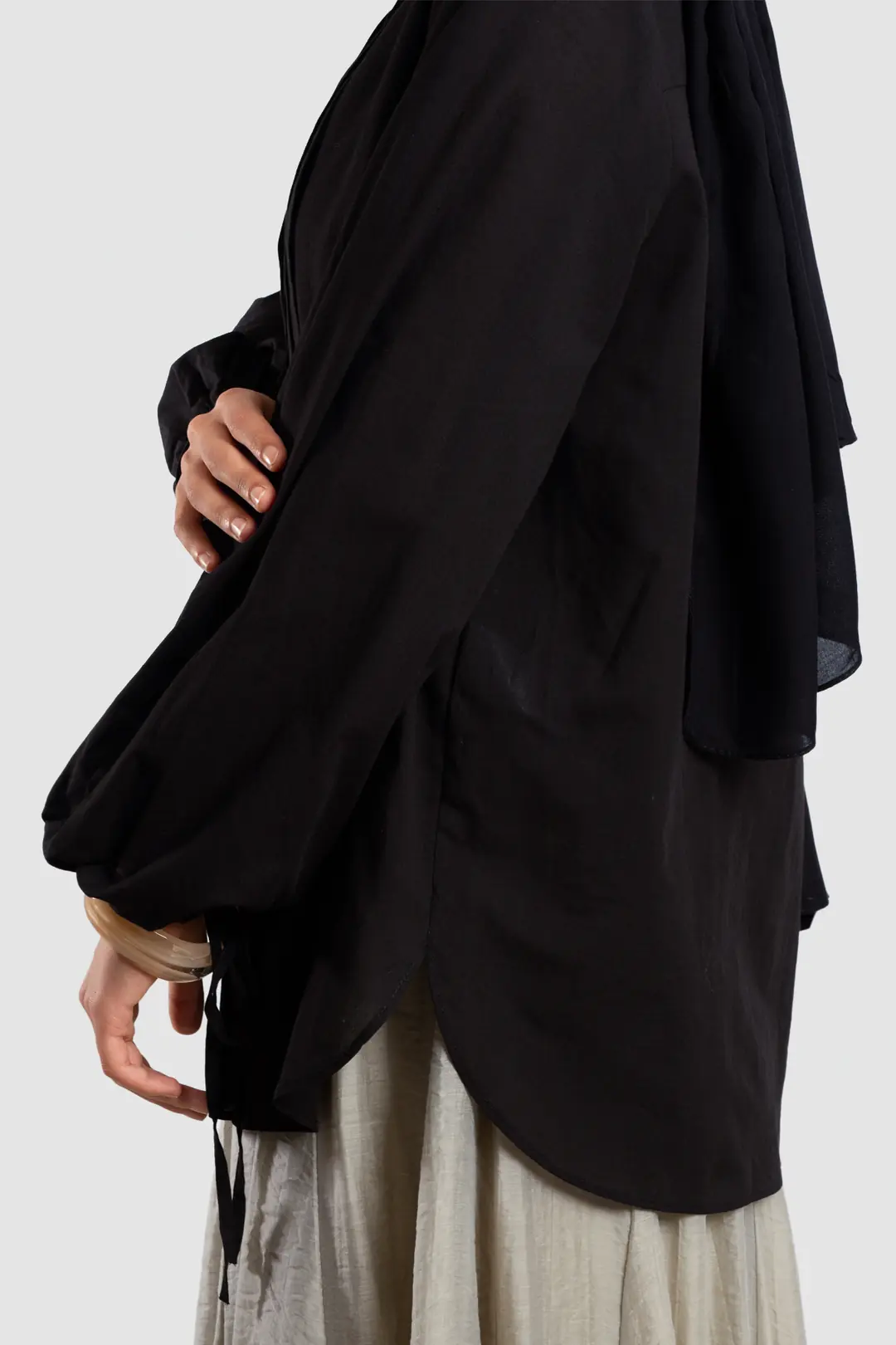 Ribbed Detail Cotton Voile Shirt Black 7