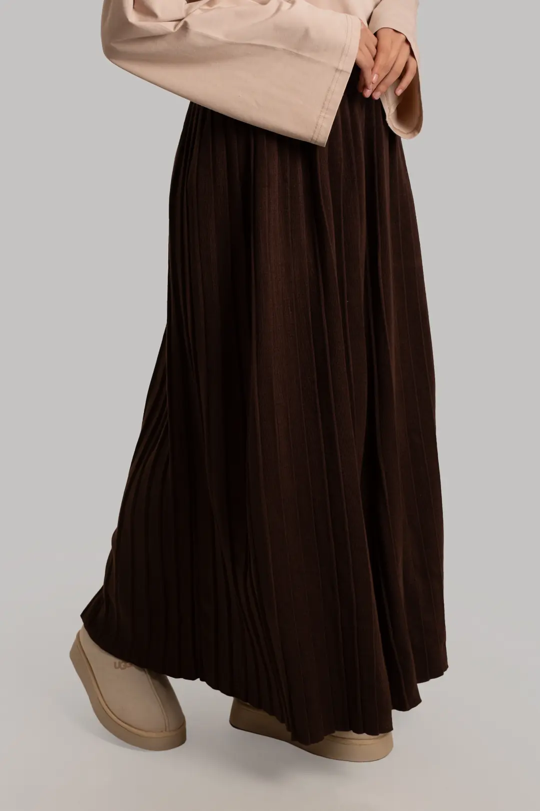 Pleated Knit Skirt, Dark Brown