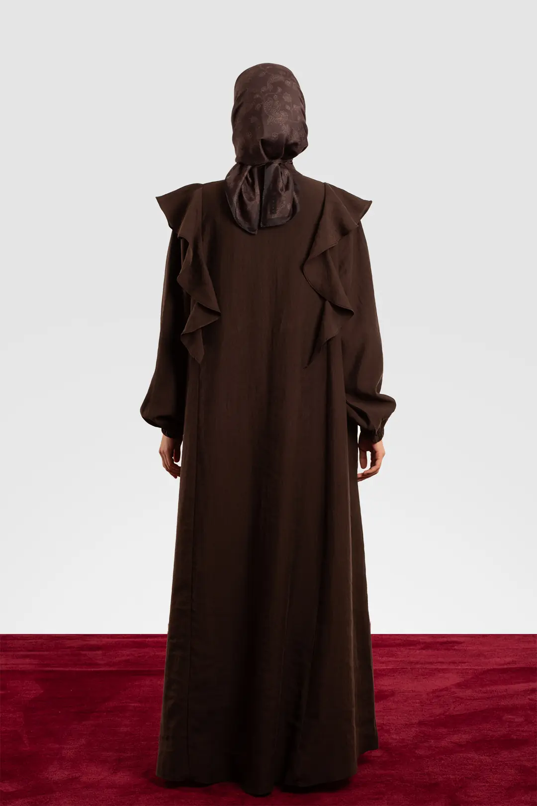 Tencel Abaya with Zipper and Ruffles, Dark Brown 9