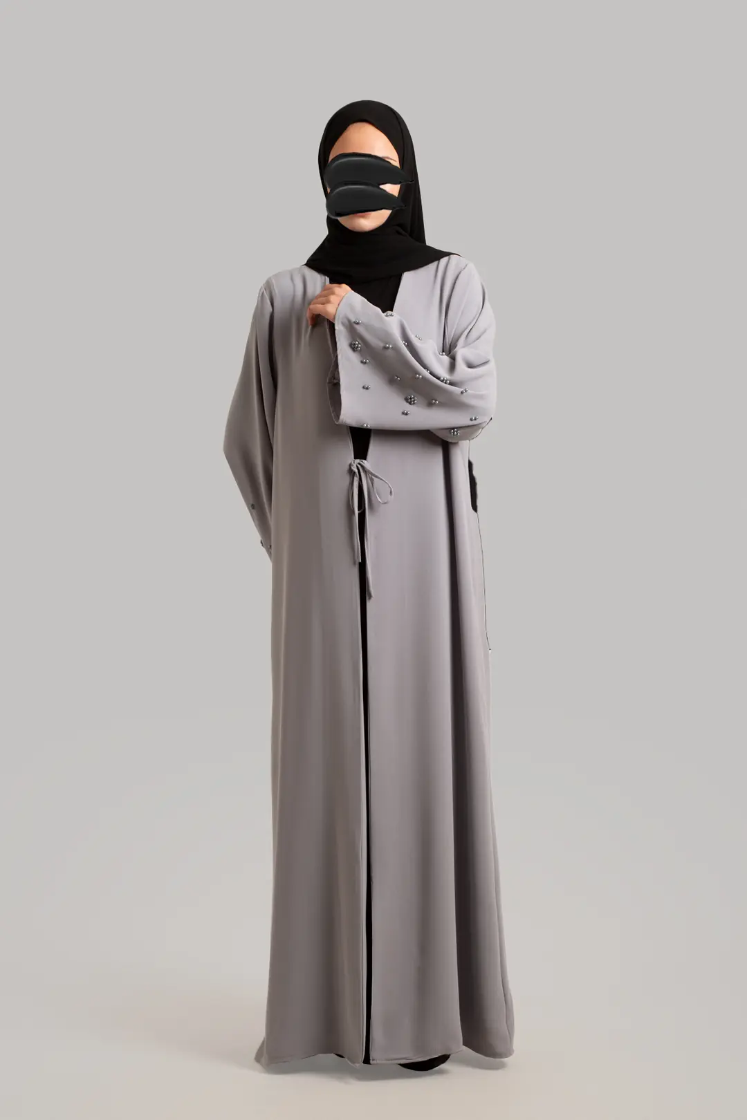 Boncuk Detaylı Abaya Gri 5