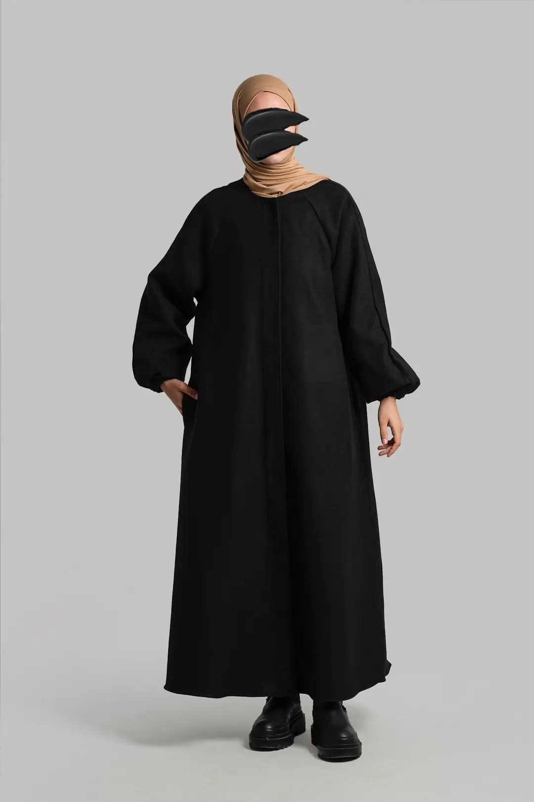 Flared Cashmere Full Length Hijab Coat Black 5