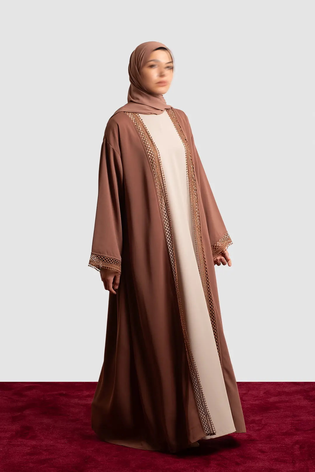 Lace Detail Abaya Set, Light Brown 3
